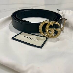 GUCCI Belt: Moon Calfskin Torchon Double G. Size 100. Black /gold.